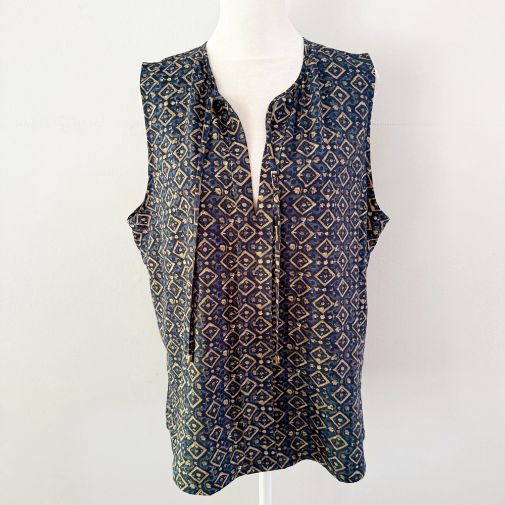 NWT Lauren Ralph Lauren Women Sleeveless Tassel Top Large Boho Casual Blue Gold